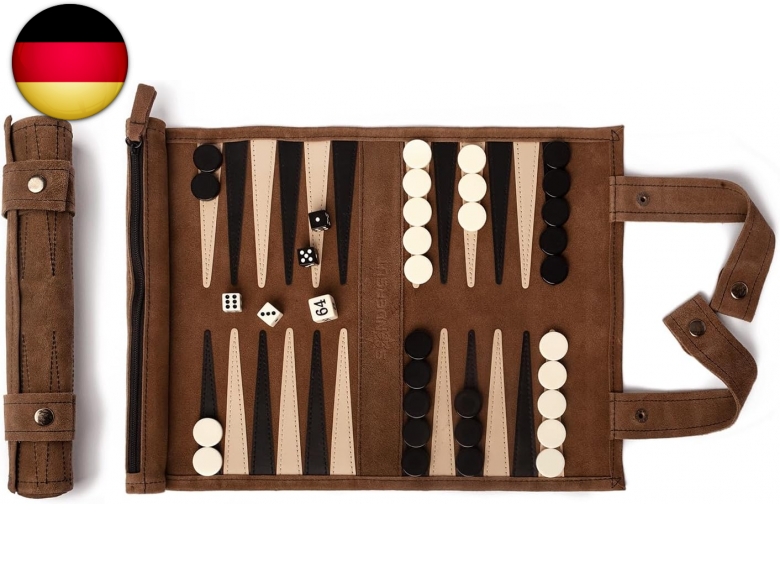 Backgammon de luxe XXL - Plateau de jeu classique en bois et cuir synthétique résistant aux rayures - 48 x 48,5 cm - Pliable avec fermeture magnétique - Pierres et dés inclus